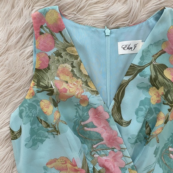 Eliza J Min Blue Pink Floral Sleeveless V-Neck Faux Wrap Front Ruffle Midi Dress - Picture 5 of 13